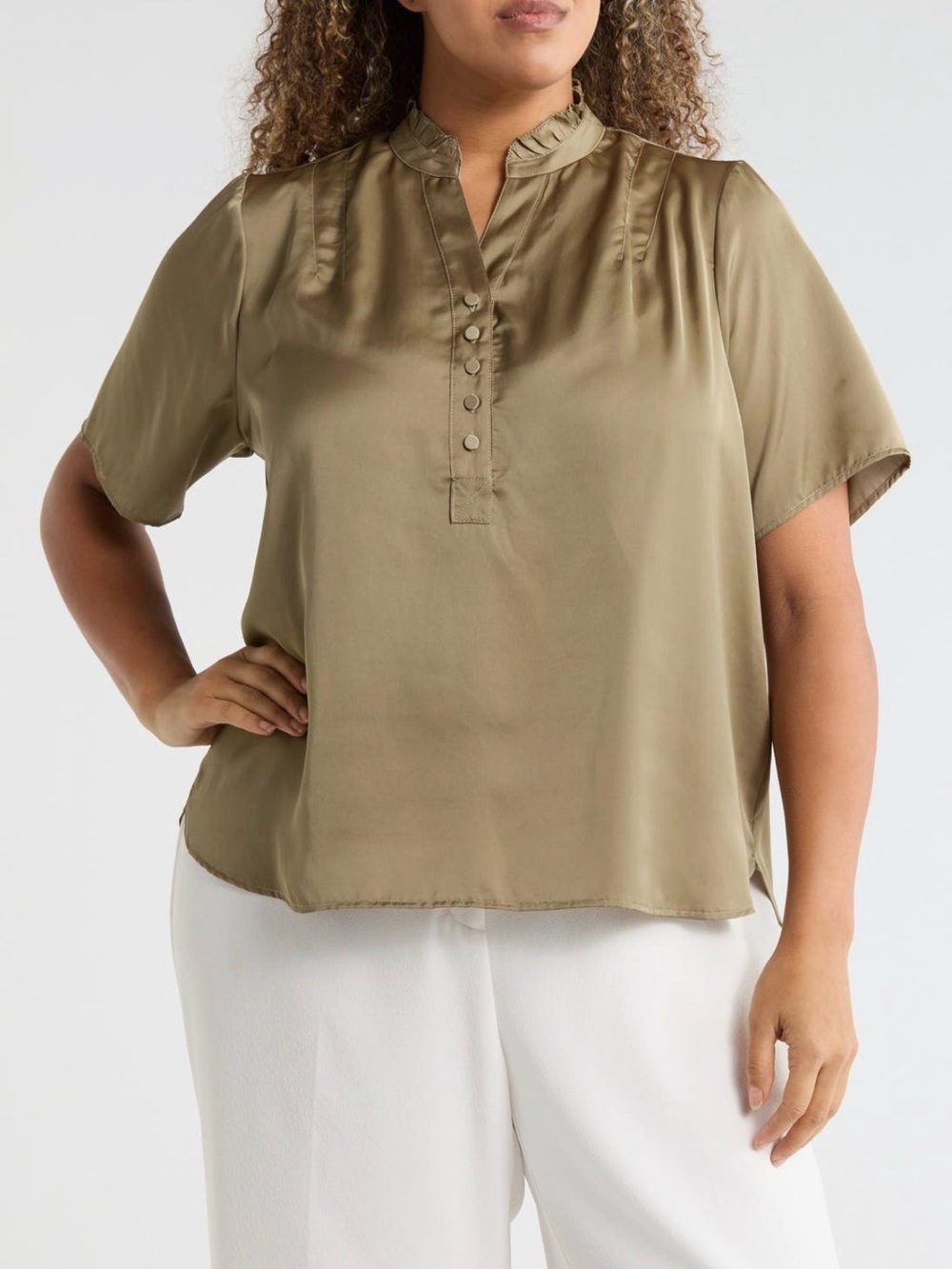 T Tahari Ruffle Split Neck Blouse